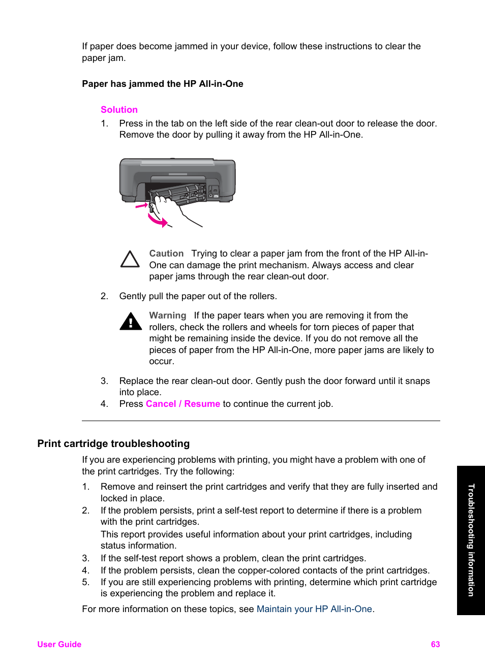 Print cartridge troubleshooting | HP PSC 1510xi All-in-One Printer User Manual | Page 66 / 96