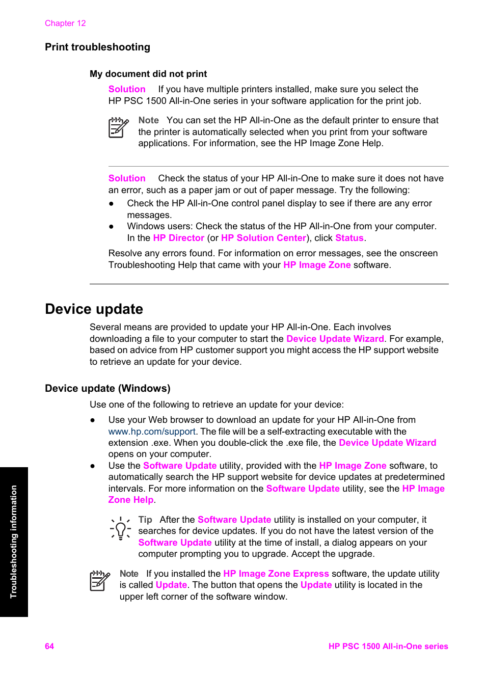 Print troubleshooting, Device update, Device update (windows) | HP PSC 1510xi All-in-One Printer User Manual | Page 67 / 96