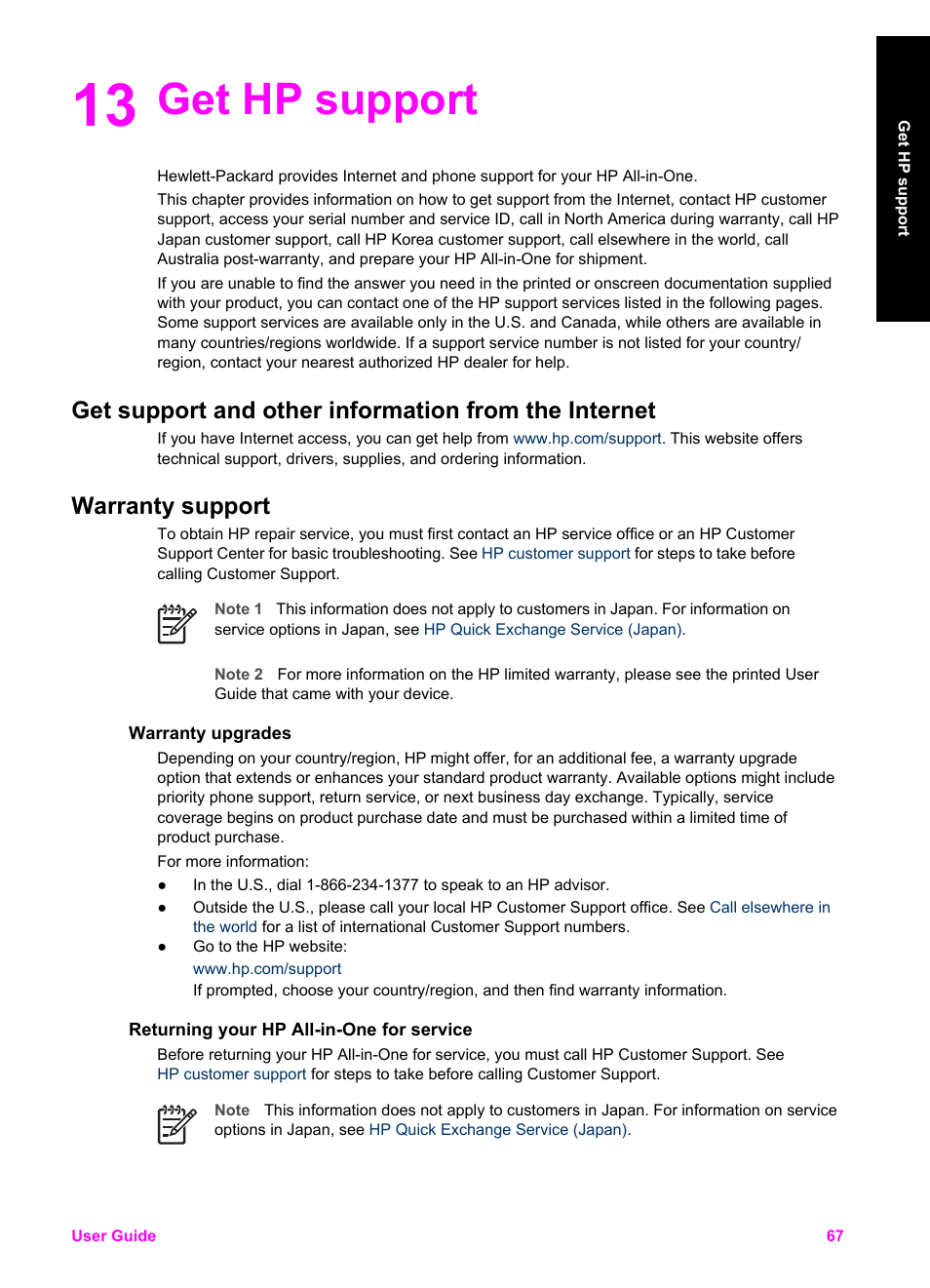 Get hp support, Warranty support, Warranty upgrades | Returning your hp all-in-one for service, 13 get hp support | HP PSC 1510xi All-in-One Printer User Manual | Page 70 / 96