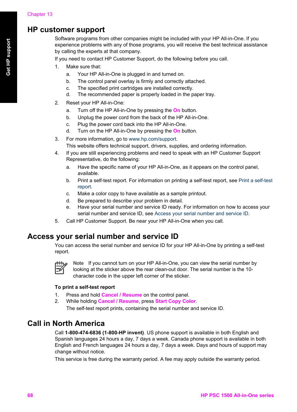 Hp customer support, Access your serial number and service id, Call in north america | HP PSC 1510xi All-in-One Printer User Manual | Page 71 / 96