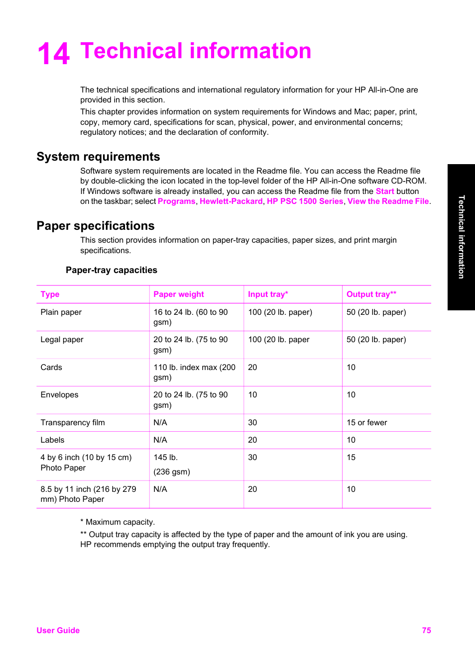 Technical information, System requirements, Paper specifications | Paper-tray capacities, 14 technical information, System requirements paper specifications | HP PSC 1510xi All-in-One Printer User Manual | Page 78 / 96