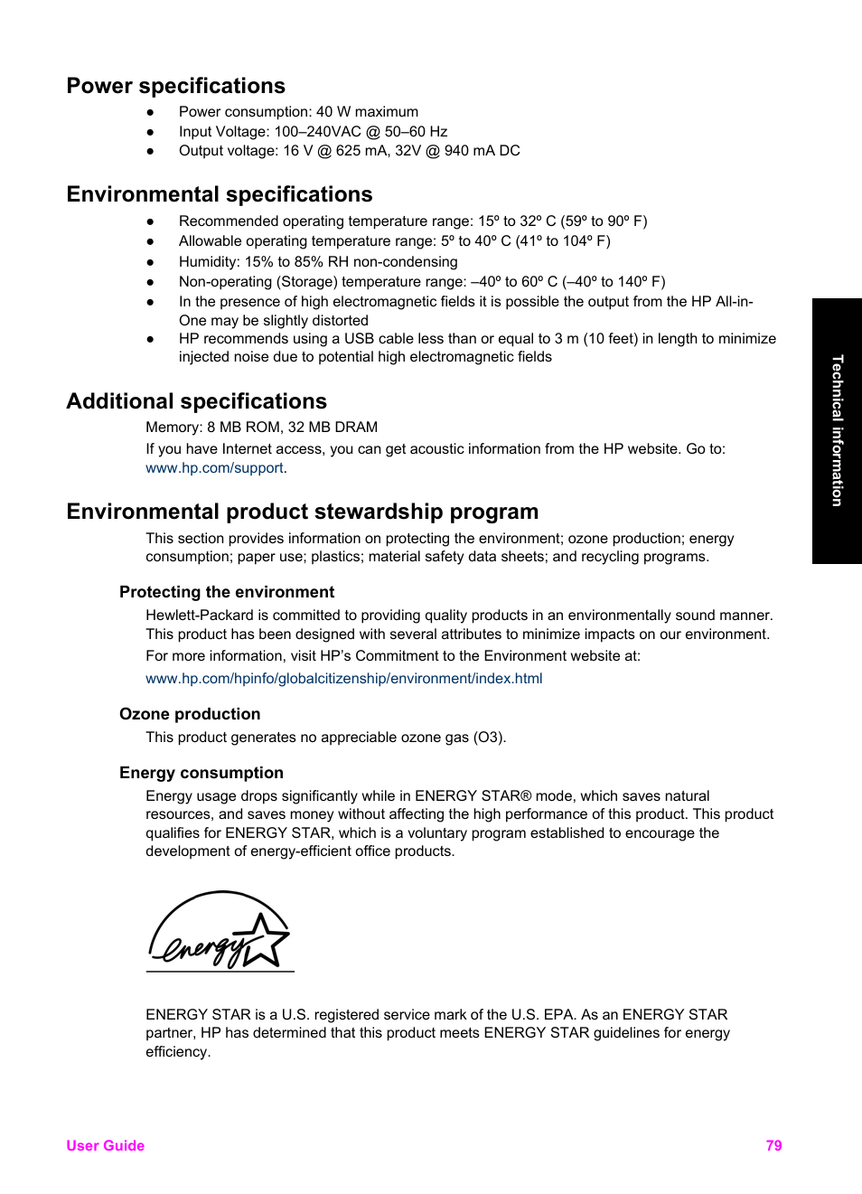 Power specifications, Environmental specifications, Additional specifications | Environmental product stewardship program, Protecting the environment, Ozone production, Energy consumption | HP PSC 1510xi All-in-One Printer User Manual | Page 82 / 96