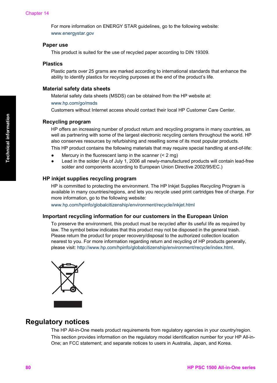 Paper use, Plastics, Material safety data sheets | Recycling program, Hp inkjet supplies recycling program, Regulatory notices | HP PSC 1510xi All-in-One Printer User Manual | Page 83 / 96