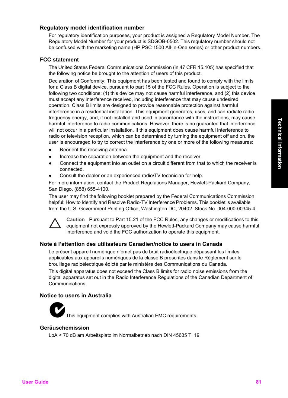 Regulatory model identification number, Fcc statement, Notice to users in australia | Geräuschemission | HP PSC 1510xi All-in-One Printer User Manual | Page 84 / 96