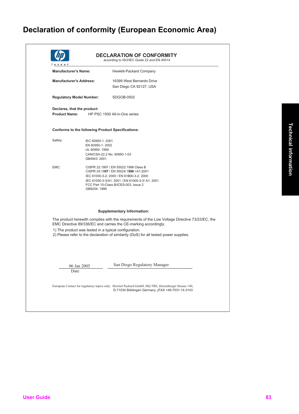 Declaration of conformity (european economic area), Declaration of conformity, User guide 83 technical information | HP PSC 1510xi All-in-One Printer User Manual | Page 86 / 96