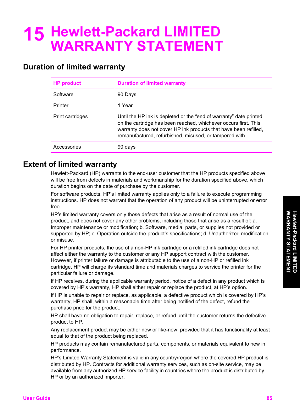 Hewlett-packard limited warranty statement, Duration of limited warranty, Extent of limited warranty | 15 hewlett-packard limited warranty statement | HP PSC 1510xi All-in-One Printer User Manual | Page 88 / 96