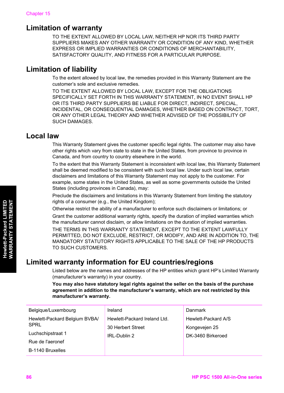 Limitation of warranty, Limitation of liability, Local law | HP PSC 1510xi All-in-One Printer User Manual | Page 89 / 96