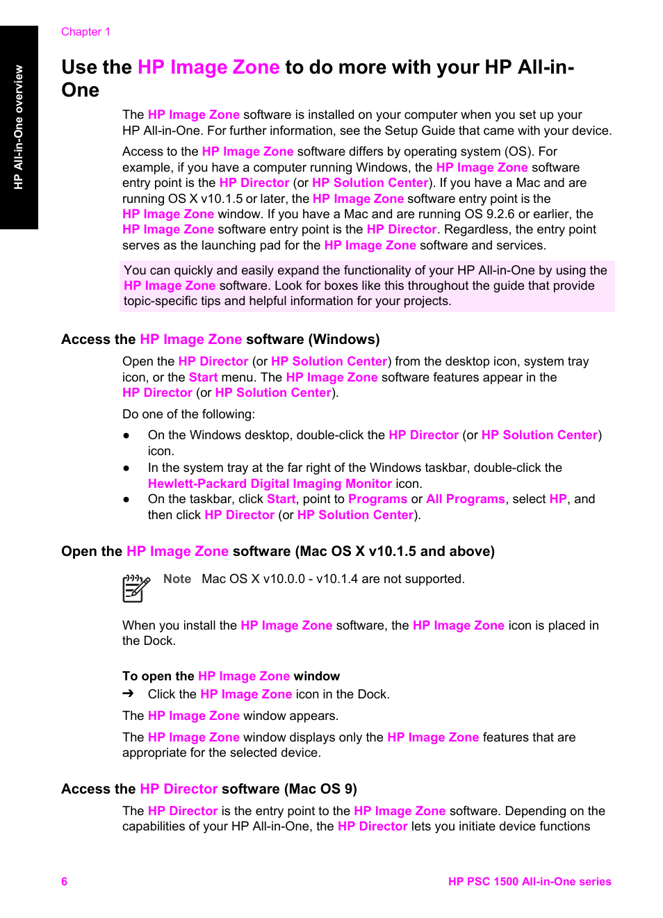 Access the hp image zone software (windows), Access the hp director software (mac os 9) | HP PSC 1510xi All-in-One Printer User Manual | Page 9 / 96