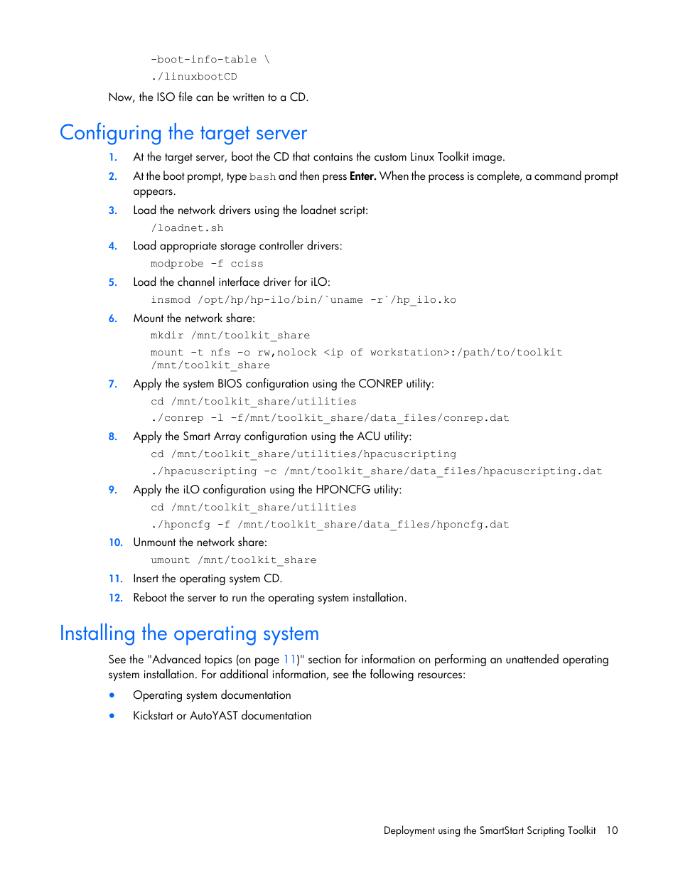 Configuring the target server, Installing the operating system | HP Linux Server Management Software User Manual | Page 10 / 68