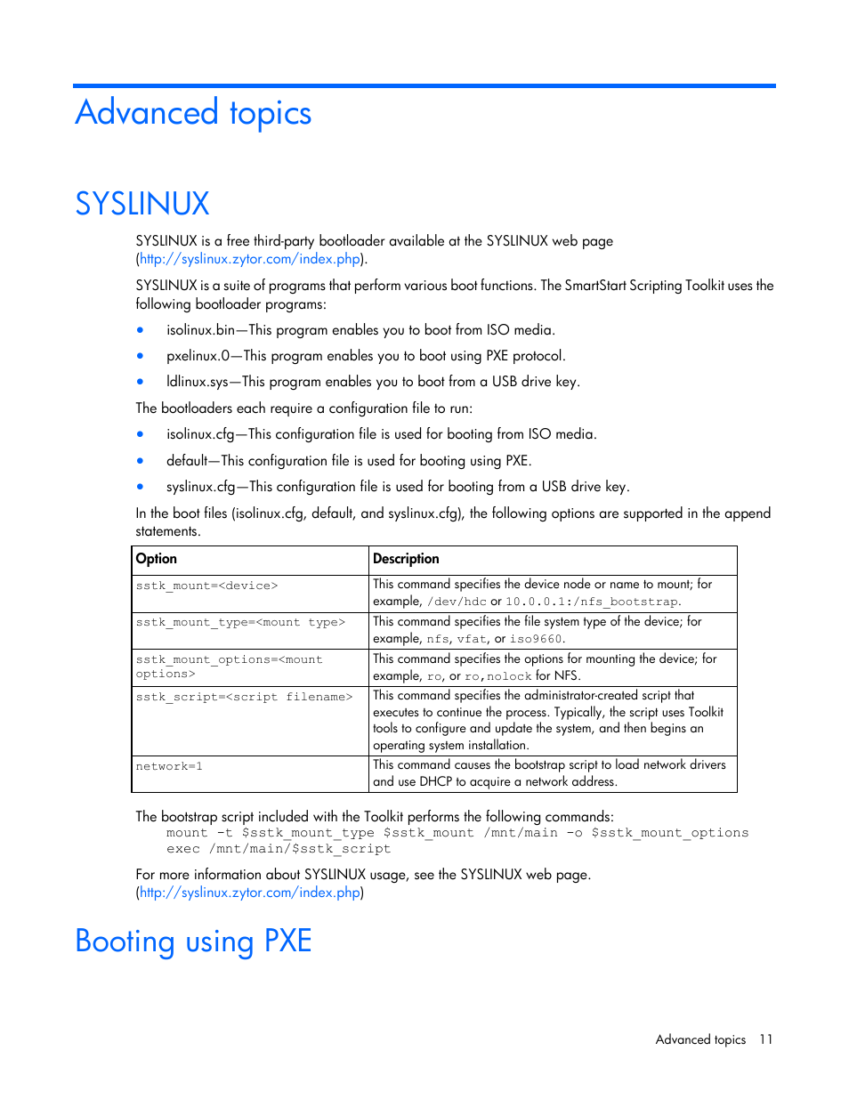 Advanced topics, Syslinux, Booting using pxe | HP Linux Server Management Software User Manual | Page 11 / 68