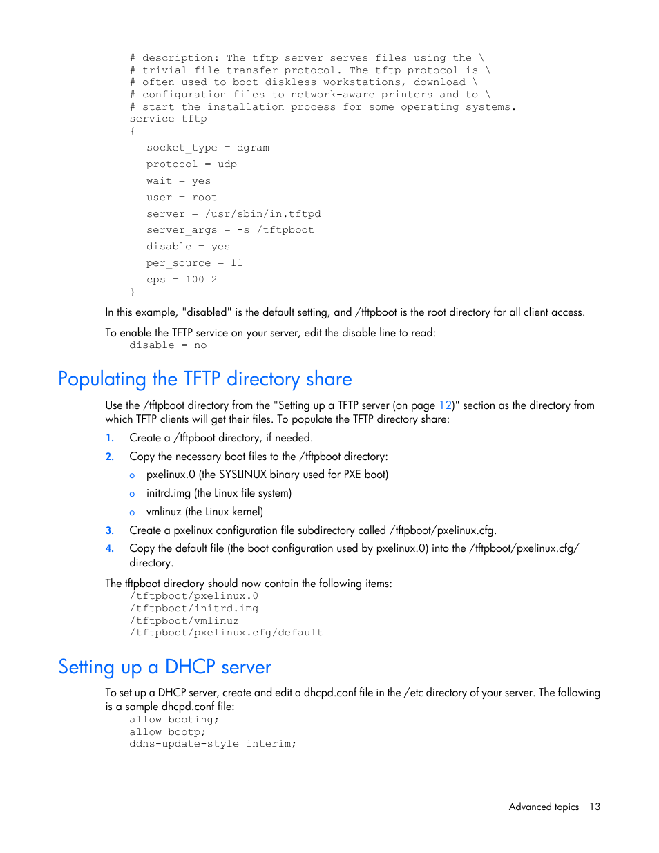 Populating the tftp directory share, Setting up a dhcp server | HP Linux Server Management Software User Manual | Page 13 / 68