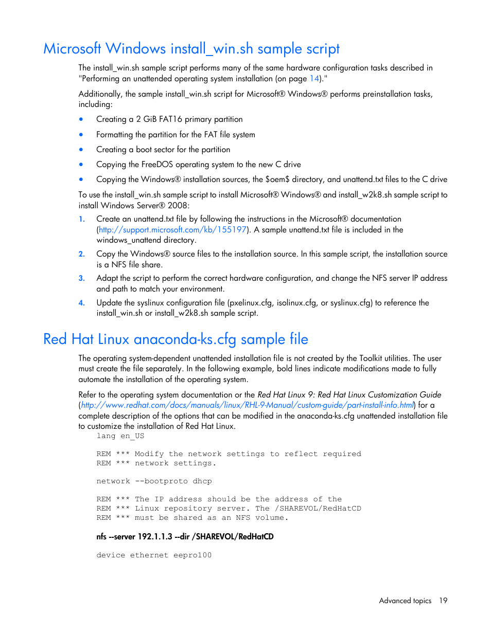 Microsoft windows install_win.sh sample script, Red hat linux anaconda-ks.cfg sample file | HP Linux Server Management Software User Manual | Page 19 / 68