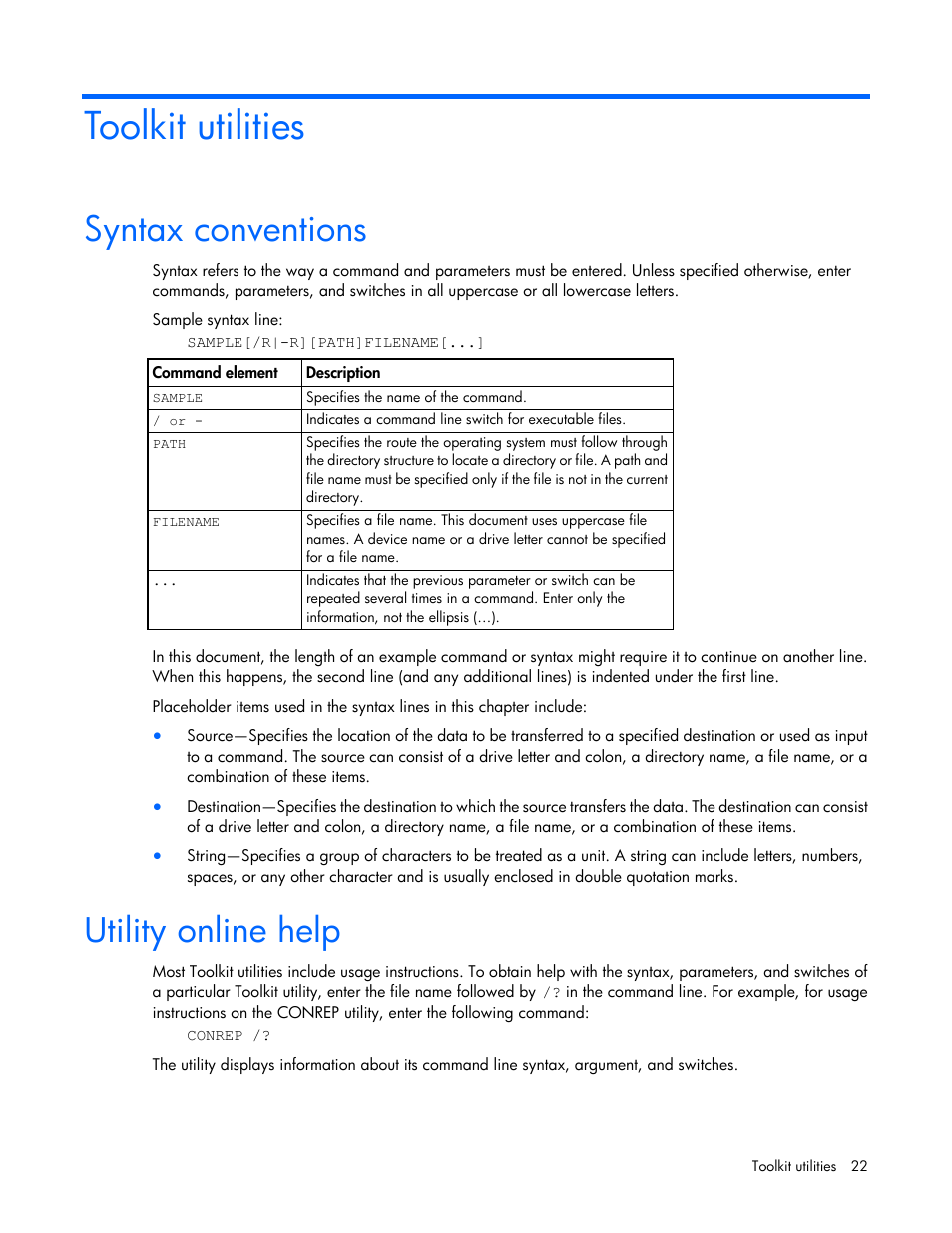 Toolkit utilities, Syntax conventions, Utility online help | HP Linux Server Management Software User Manual | Page 22 / 68