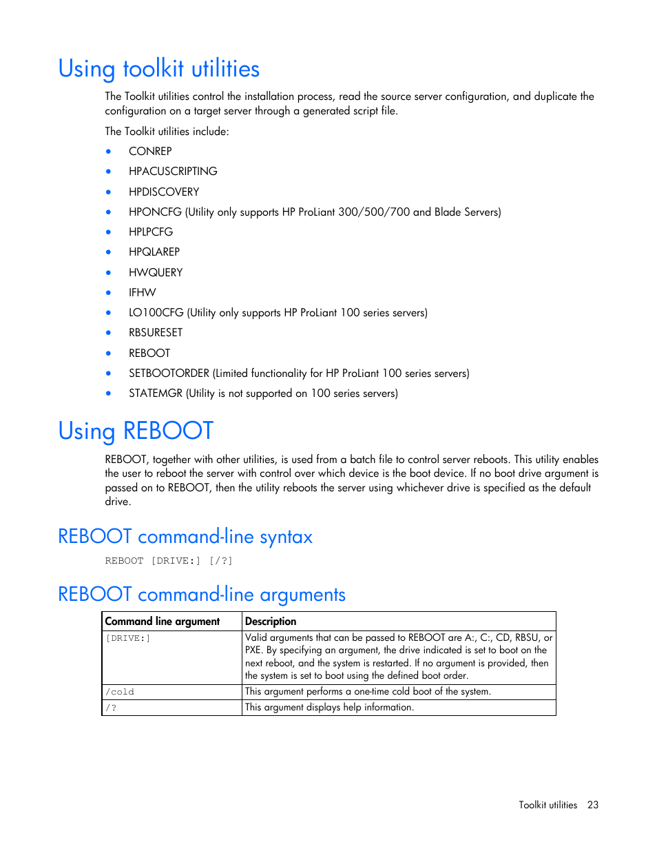 Using toolkit utilities, Using reboot, Reboot command-line syntax | Reboot command-line arguments | HP Linux Server Management Software User Manual | Page 23 / 68