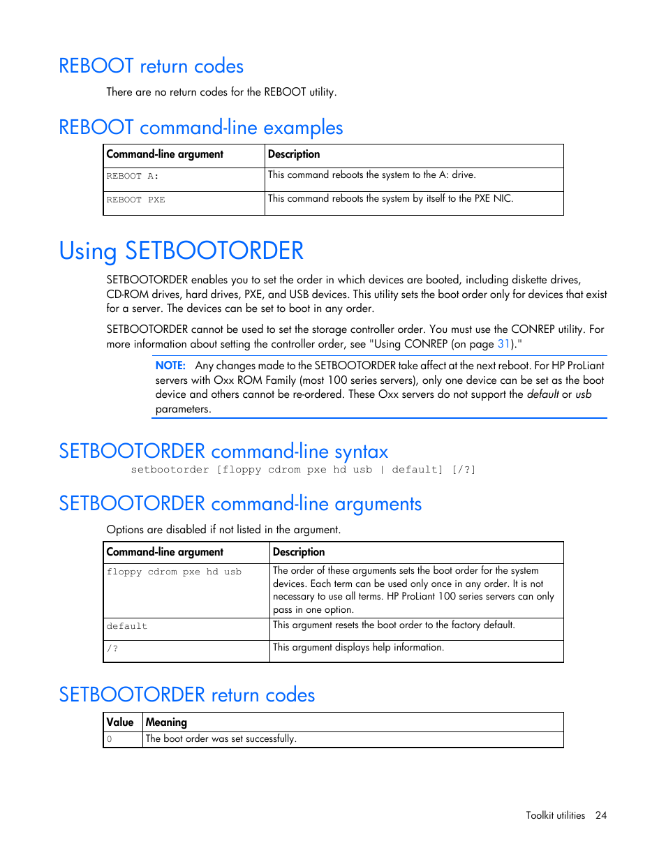 Reboot return codes, Reboot command-line examples, Using setbootorder | Setbootorder command-line syntax, Setbootorder command-line arguments, Setbootorder return codes | HP Linux Server Management Software User Manual | Page 24 / 68