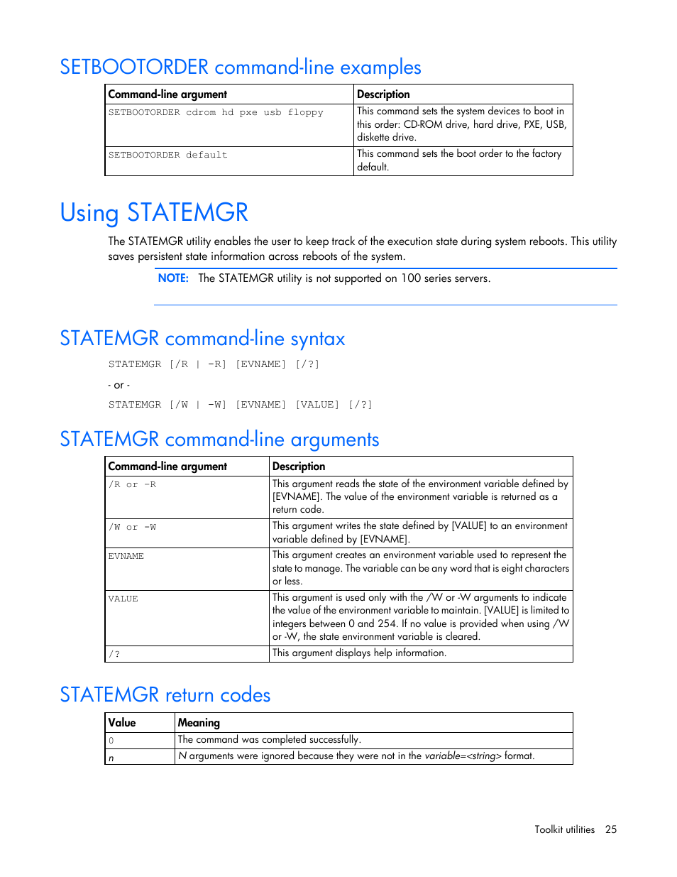 Setbootorder command-line examples, Using statemgr, Statemgr command-line syntax | Statemgr command-line arguments, Statemgr return codes | HP Linux Server Management Software User Manual | Page 25 / 68