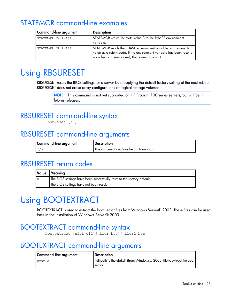 Statemgr command-line examples, Using rbsureset, Rbsureset command-line syntax | Rbsureset command-line arguments, Rbsureset return codes, Using bootextract, Bootextract command-line syntax, Bootextract command-line arguments | HP Linux Server Management Software User Manual | Page 26 / 68