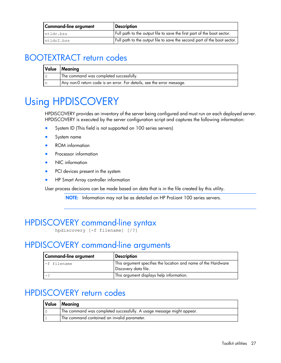 Bootextract return codes, Using hpdiscovery, Hpdiscovery command-line syntax | Hpdiscovery command-line arguments, Hpdiscovery return codes | HP Linux Server Management Software User Manual | Page 27 / 68