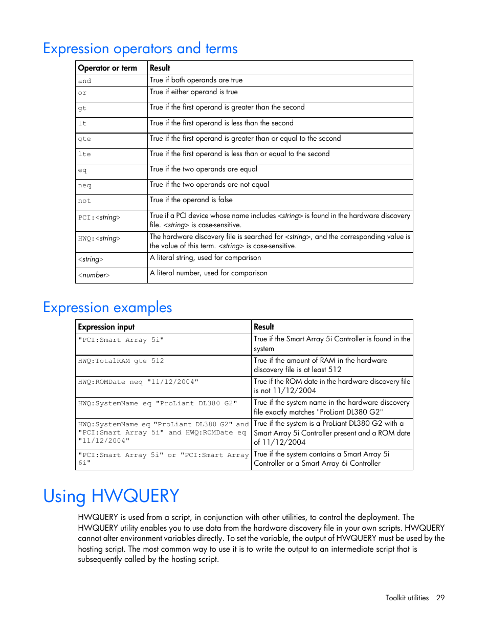 Expression operators and terms, Expression examples, Using hwquery | HP Linux Server Management Software User Manual | Page 29 / 68