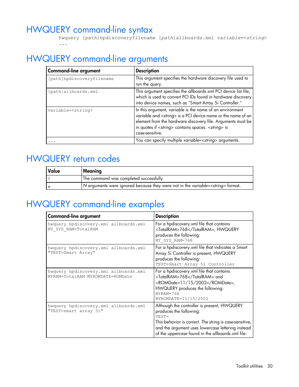 Hwquery command-line syntax, Hwquery command-line arguments, Hwquery return codes | Hwquery command-line examples | HP Linux Server Management Software User Manual | Page 30 / 68