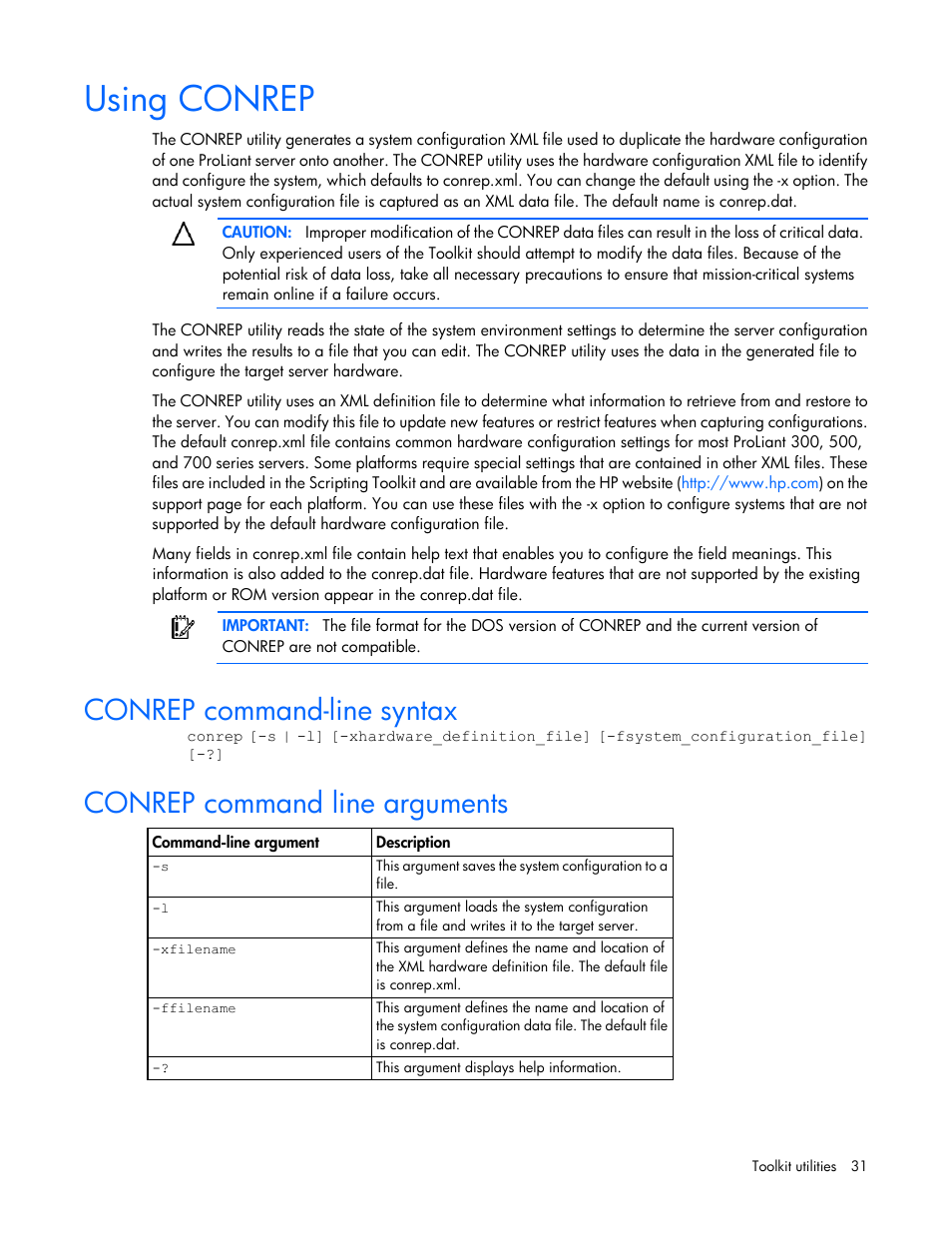 Using conrep, Conrep command-line syntax, Conrep command line arguments | HP Linux Server Management Software User Manual | Page 31 / 68