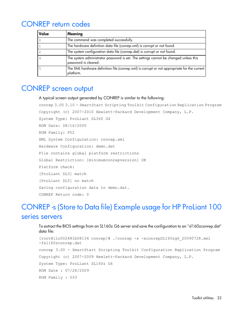 Conrep return codes, Conrep screen output | HP Linux Server Management Software User Manual | Page 32 / 68