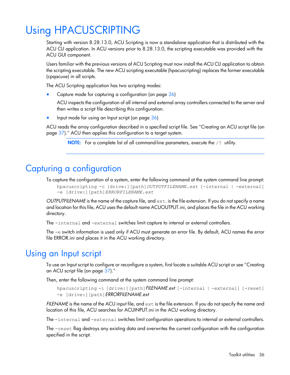 Using hpacuscripting, Capturing a configuration, Using an input script | HP Linux Server Management Software User Manual | Page 36 / 68