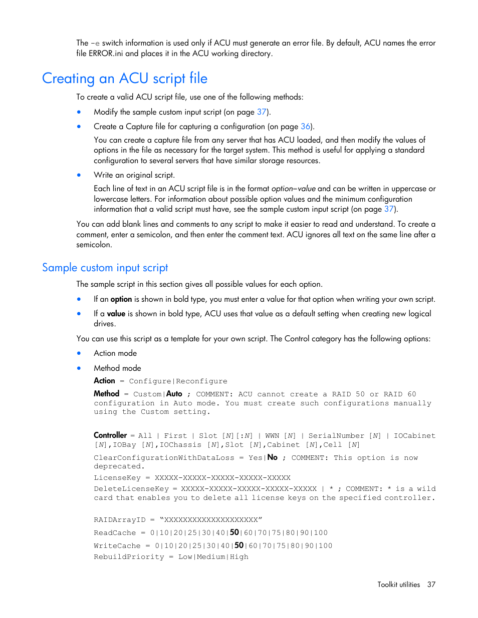 Creating an acu script file, Sample custom input script | HP Linux Server Management Software User Manual | Page 37 / 68