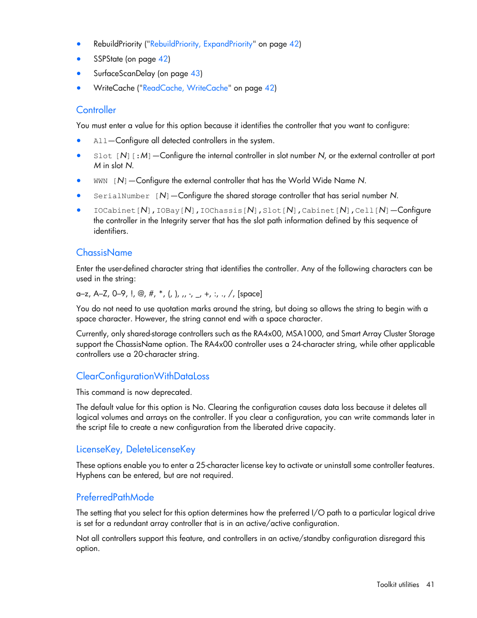 Controller, Chassisname, Clearconfigurationwithdataloss | Licensekey, deletelicensekey, Preferredpathmode | HP Linux Server Management Software User Manual | Page 41 / 68