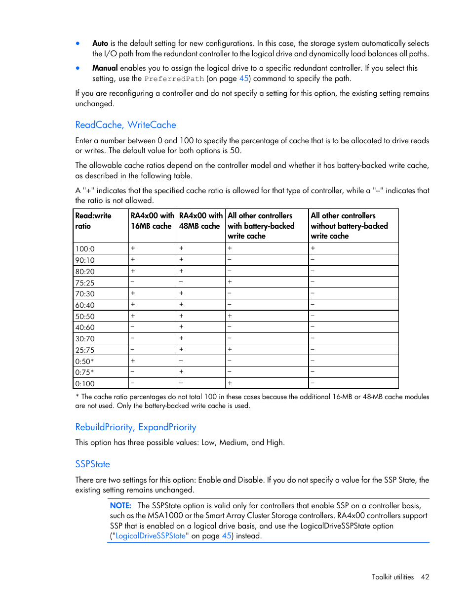 Readcache, writecache, Rebuildpriority, expandpriority, Sspstate | HP Linux Server Management Software User Manual | Page 42 / 68