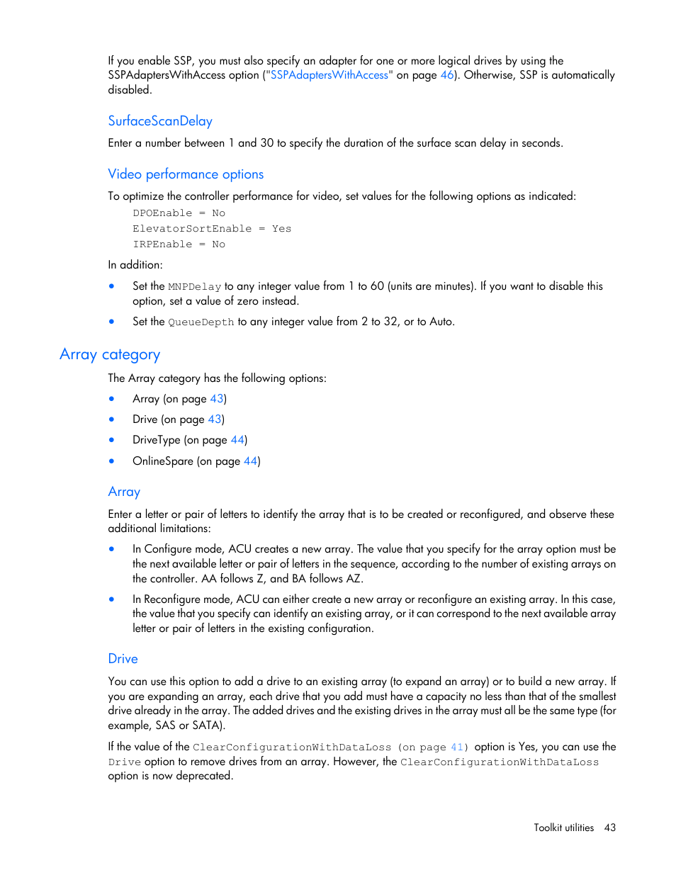 Surfacescandelay, Video performance options, Array category | Array, Drive | HP Linux Server Management Software User Manual | Page 43 / 68