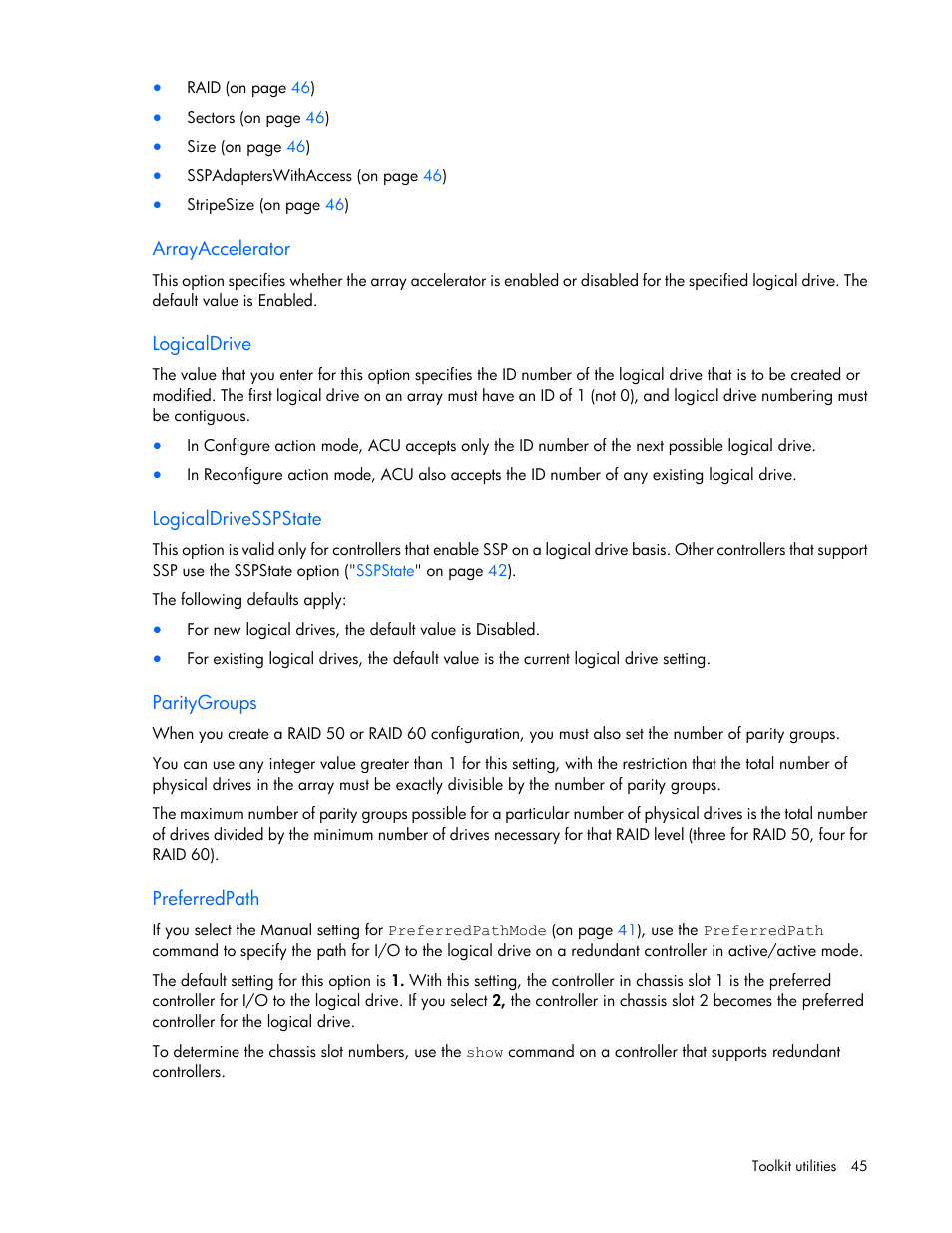 Arrayaccelerator, Logicaldrive, Logicaldrivesspstate | Paritygroups, Preferredpath | HP Linux Server Management Software User Manual | Page 45 / 68