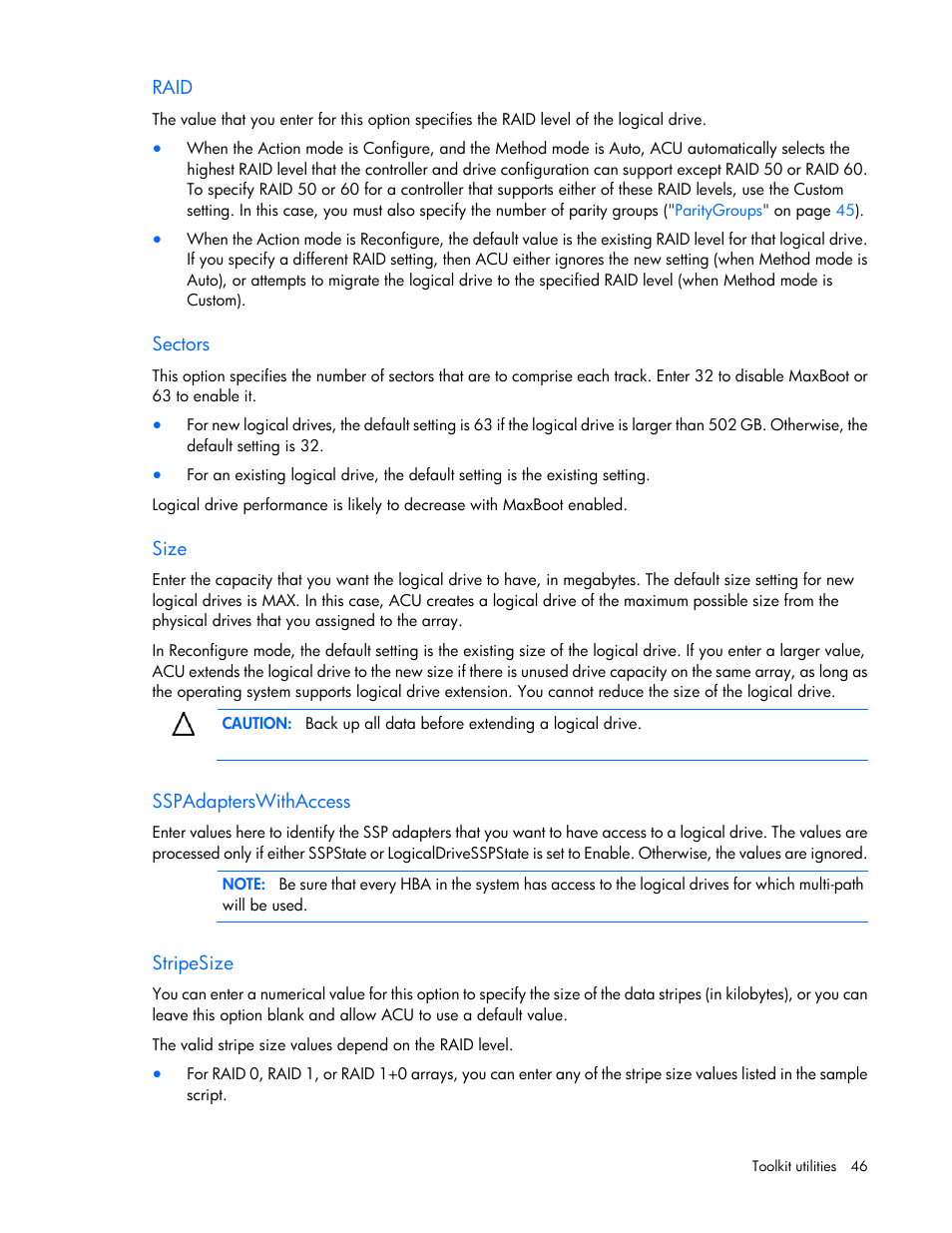 Raid, Sectors, Size | Sspadapterswithaccess, Stripesize | HP Linux Server Management Software User Manual | Page 46 / 68