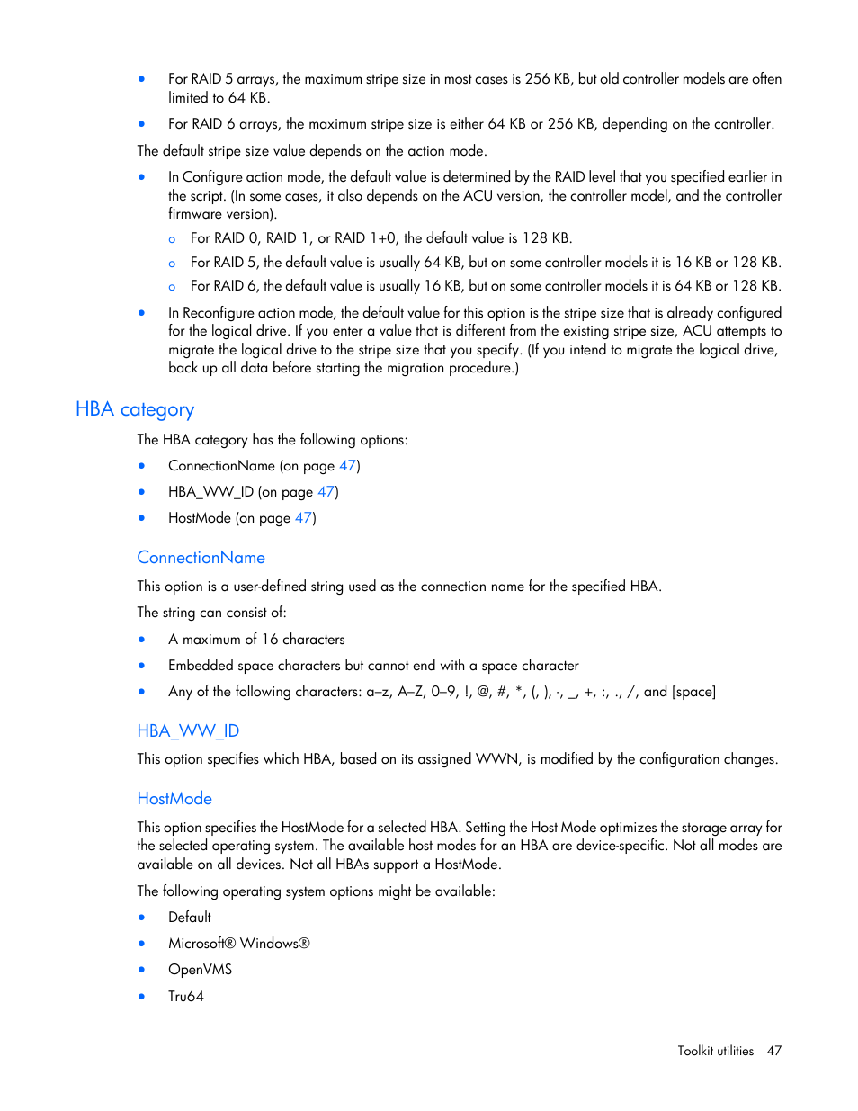 Hba category, Connectionname, Hba_ww_id | Hostmode | HP Linux Server Management Software User Manual | Page 47 / 68