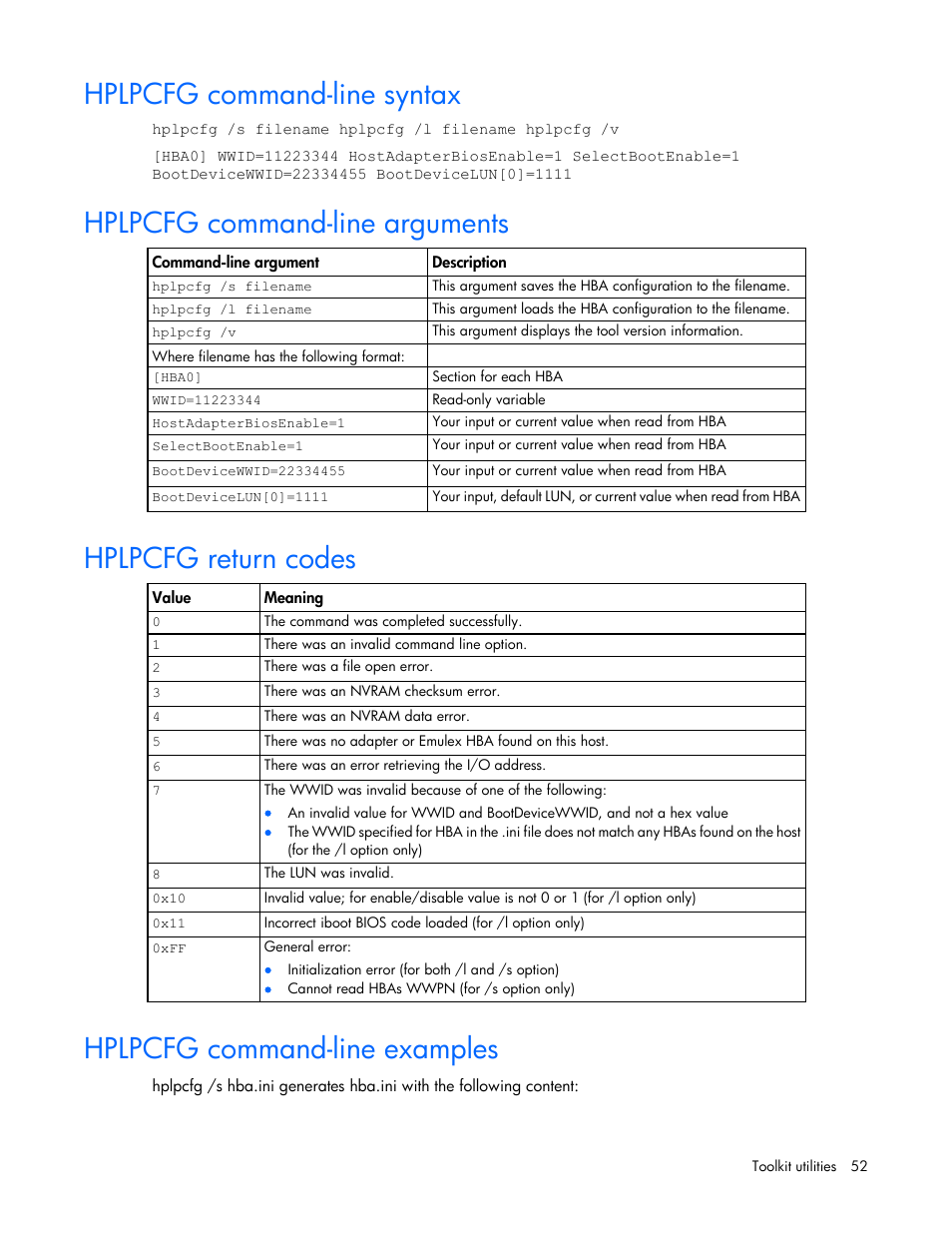 Hplpcfg command-line syntax, Hplpcfg command-line arguments, Hplpcfg return codes | Hplpcfg command-line examples | HP Linux Server Management Software User Manual | Page 52 / 68