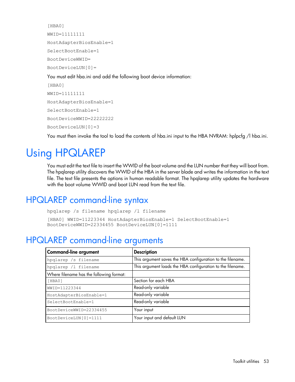 Using hpqlarep, Hpqlarep command-line syntax, Hpqlarep command-line arguments | HP Linux Server Management Software User Manual | Page 53 / 68