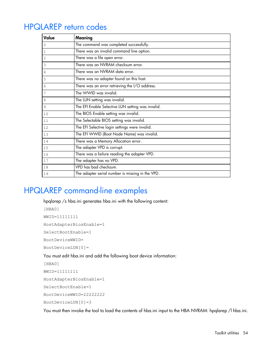 Hpqlarep return codes, Hpqlarep command-line examples | HP Linux Server Management Software User Manual | Page 54 / 68