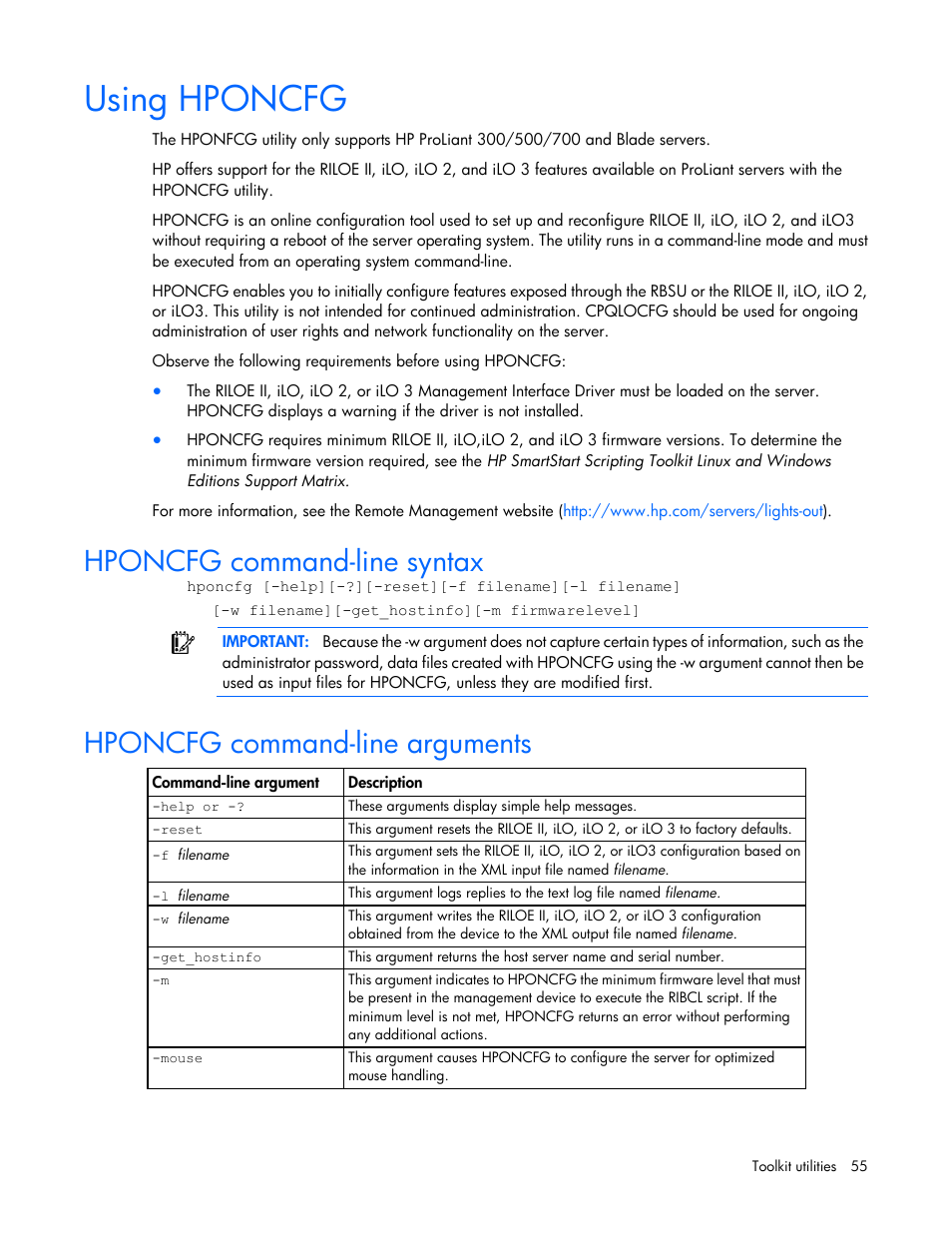 Using hponcfg, Hponcfg command-line syntax, Hponcfg command-line arguments | HP Linux Server Management Software User Manual | Page 55 / 68