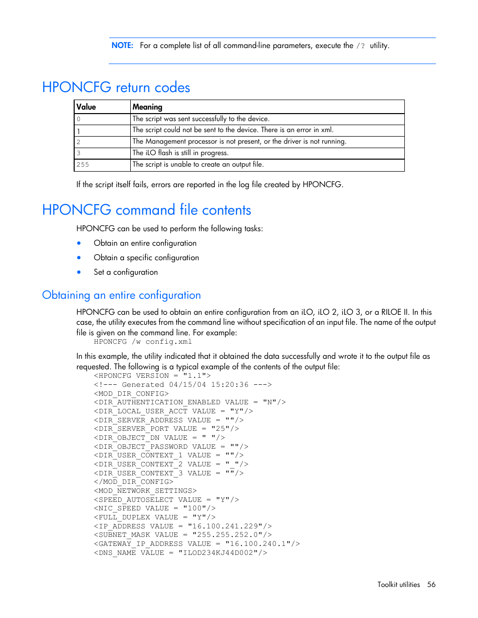 Hponcfg return codes, Hponcfg command file contents, Obtaining an entire configuration | HP Linux Server Management Software User Manual | Page 56 / 68