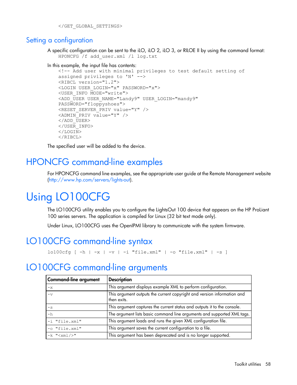 Setting a configuration, Hponcfg command-line examples, Using lo100cfg | Lo100cfg command-line syntax, Lo100cfg command-line arguments | HP Linux Server Management Software User Manual | Page 58 / 68