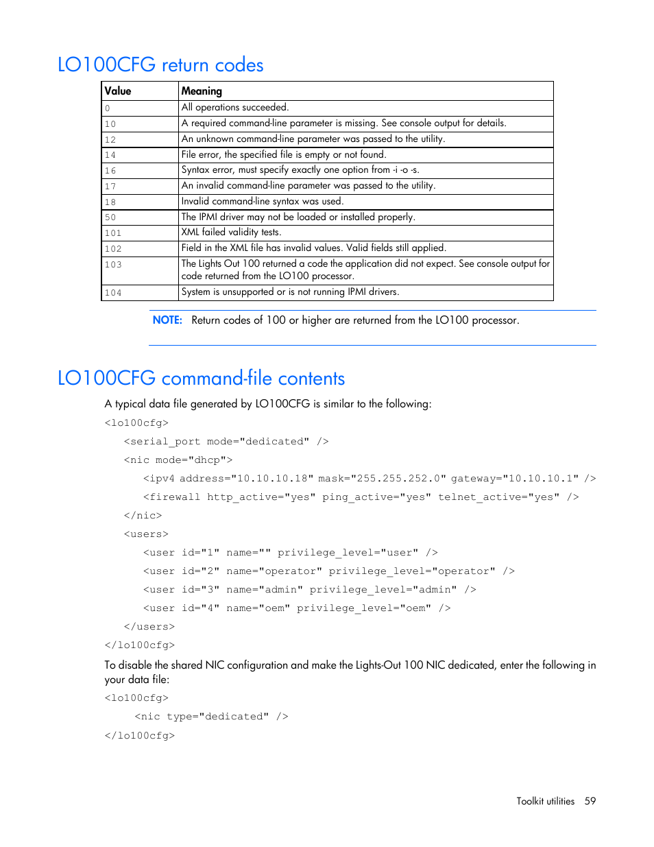 Lo100cfg return codes, Lo100cfg command-file contents | HP Linux Server Management Software User Manual | Page 59 / 68