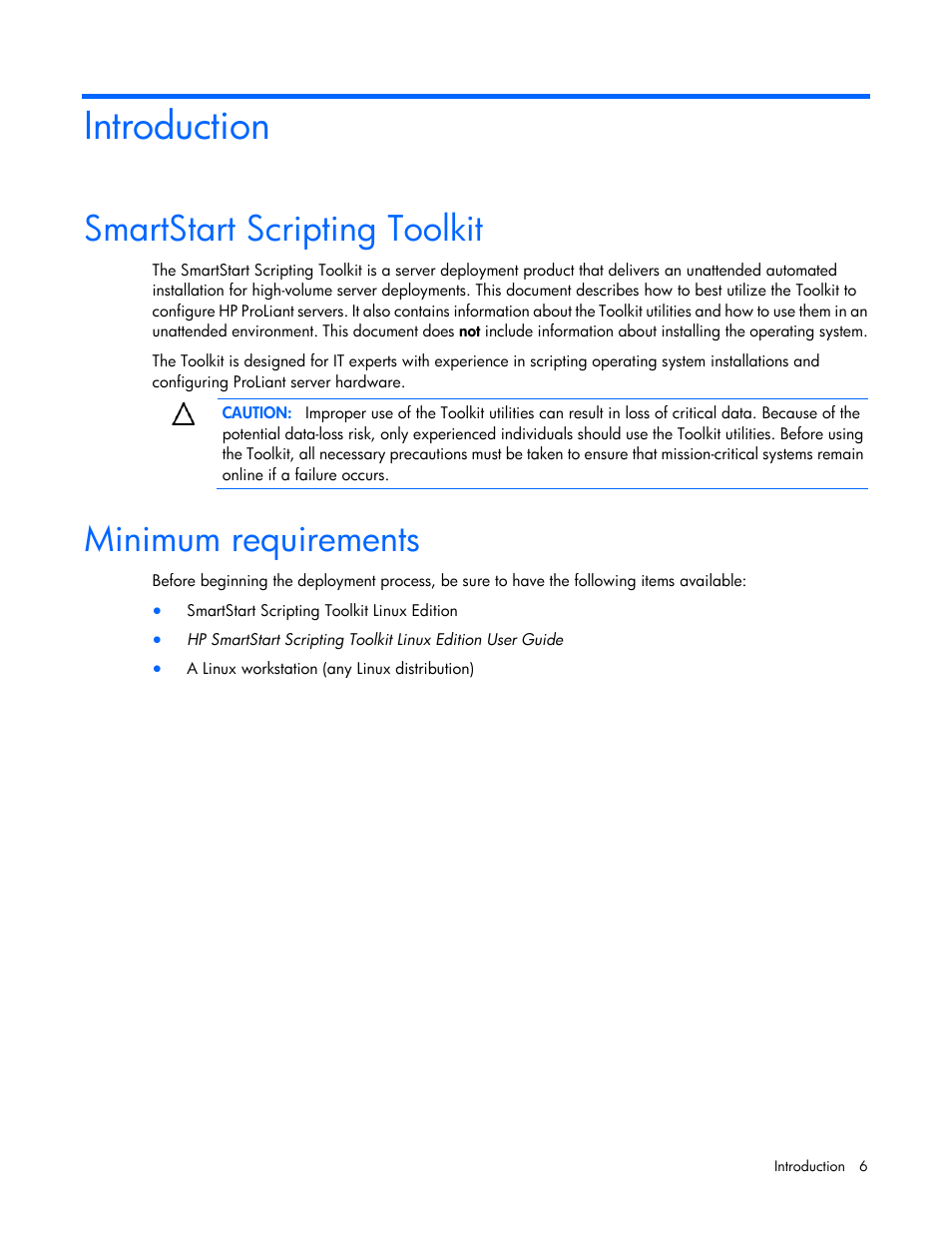 Introduction, Smartstart scripting toolkit, Minimum requirements | HP Linux Server Management Software User Manual | Page 6 / 68