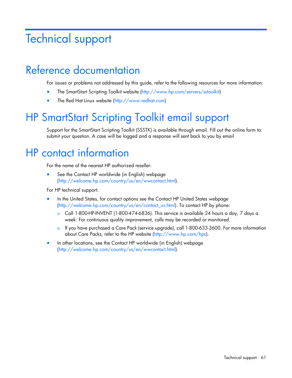 Technical support, Reference documentation, Hp smartstart scripting toolkit email support | Hp contact information | HP Linux Server Management Software User Manual | Page 61 / 68