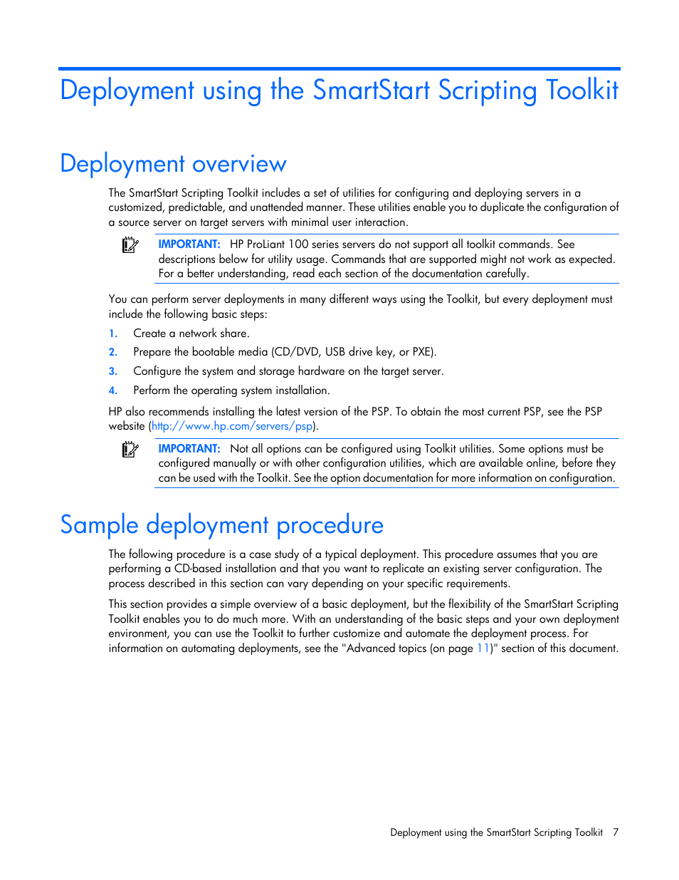 Deployment using the smartstart scripting toolkit, Deployment overview, Sample deployment procedure | HP Linux Server Management Software User Manual | Page 7 / 68