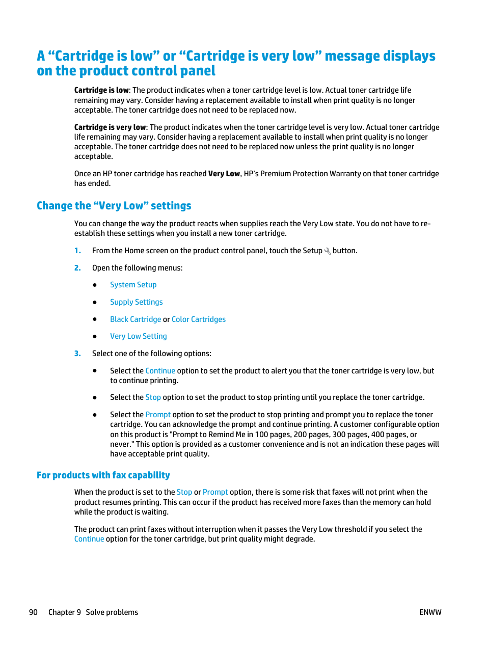 Change the “very low” settings, For products with fax capability | HP Color LaserJet Pro MFP M476 series User Manual | Page 100 / 144