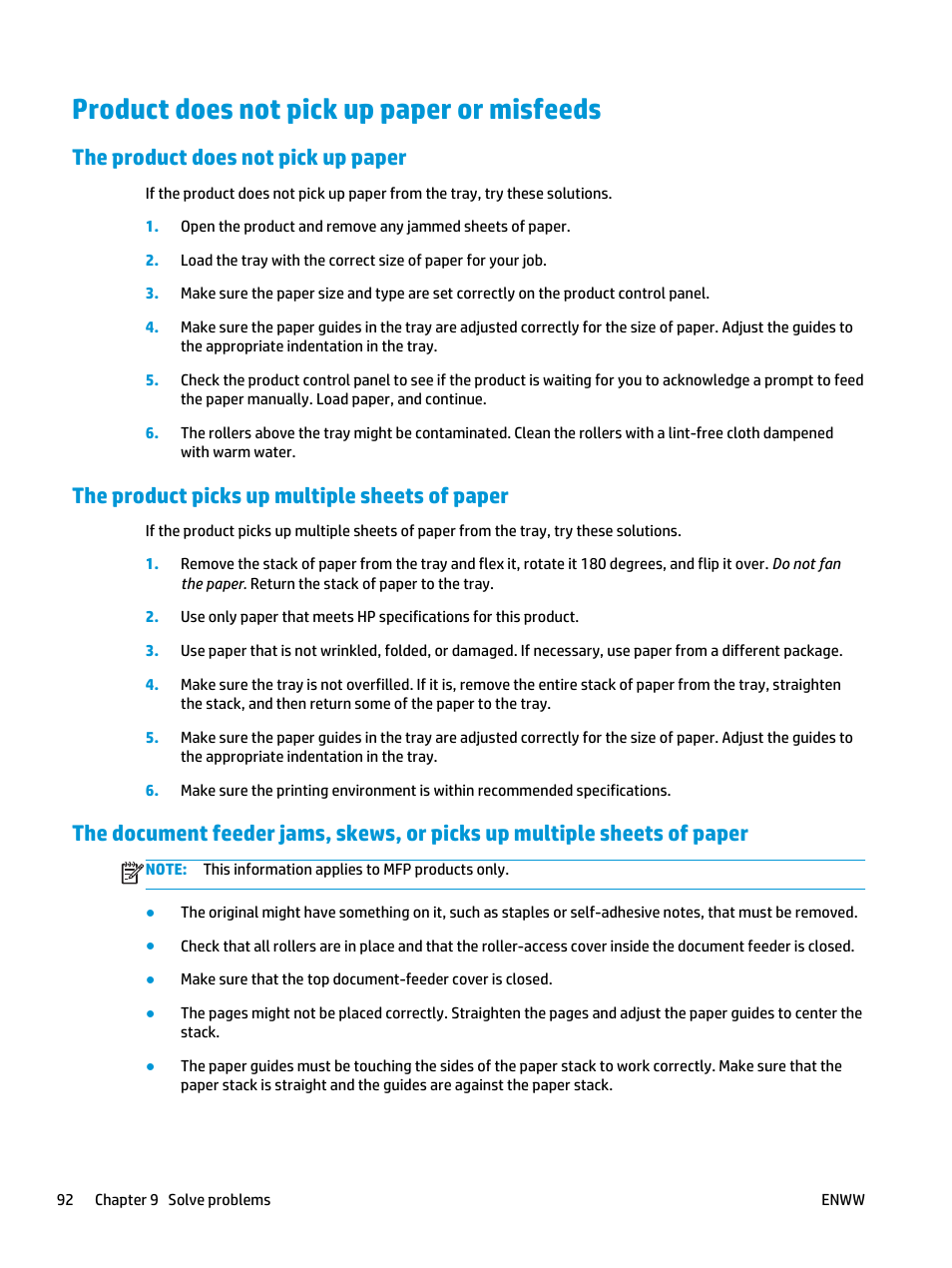 Product does not pick up paper or misfeeds, The product does not pick up paper, The product picks up multiple sheets of paper | HP Color LaserJet Pro MFP M476 series User Manual | Page 102 / 144