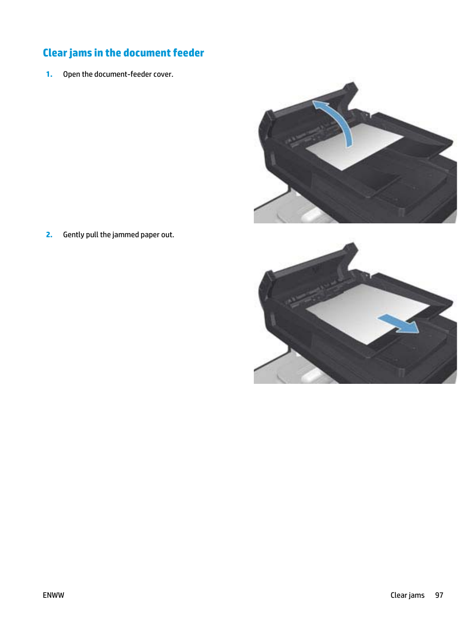 Clear jams in the document feeder | HP Color LaserJet Pro MFP M476 series User Manual | Page 107 / 144