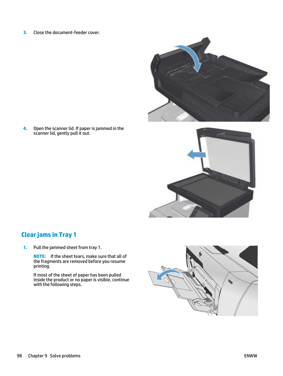 Clear jams in tray 1 | HP Color LaserJet Pro MFP M476 series User Manual | Page 108 / 144