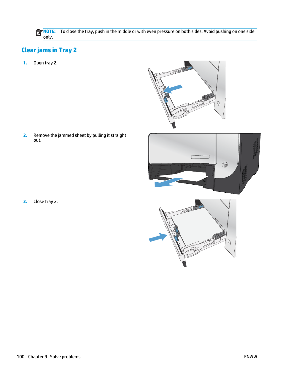 Clear jams in tray 2 | HP Color LaserJet Pro MFP M476 series User Manual | Page 110 / 144