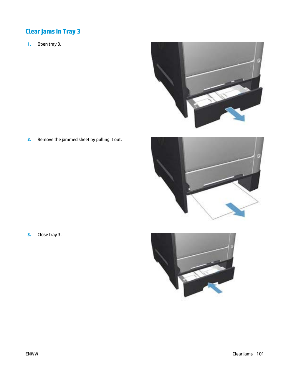 Clear jams in tray 3 | HP Color LaserJet Pro MFP M476 series User Manual | Page 111 / 144